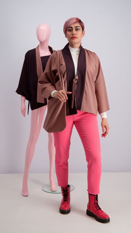 Wool reversible jacket G65U rose pink with plume collar of 100% wool